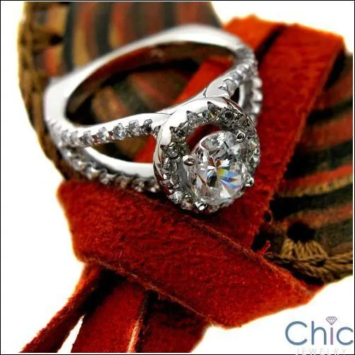 1.25 Oval Halo Euro Shank Pave Set Cubic Zirconia 14K White Gold Ring