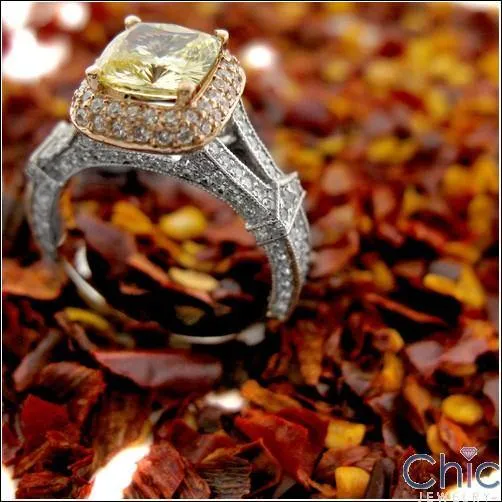 1.5 Carat Canary Cushion Cubic Zirconia Rose Gold Halo and Pave Sides Two Tone 14K Ring