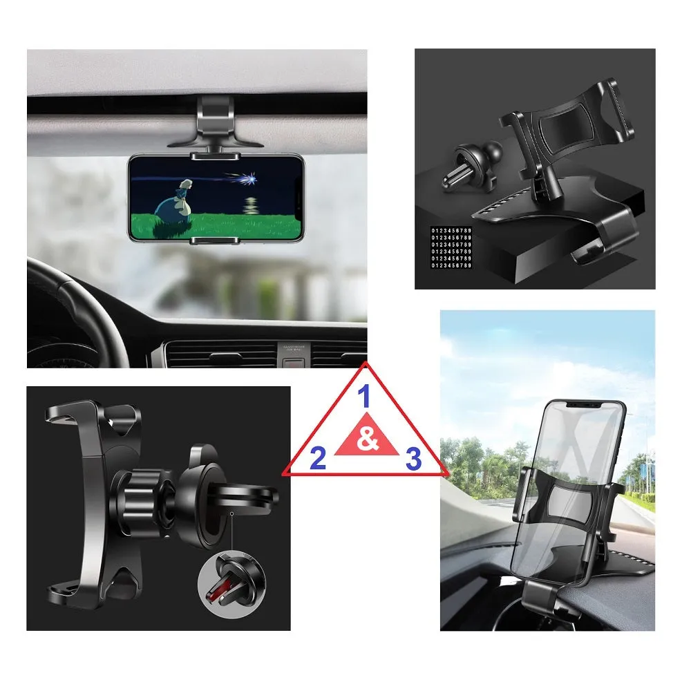 3 in 1 Car GPS Smartphone Holder: Dashboard / Visor Clamp   AC Grid Clip for FLY LIFE COMPACT (2018) - Black
