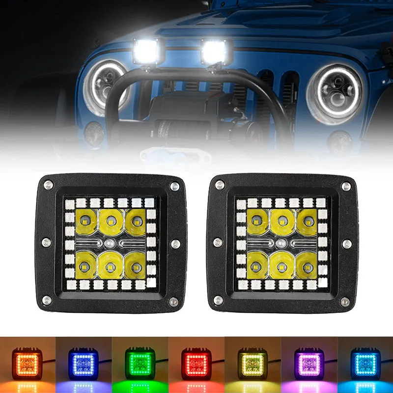 3" 18W Square LED Pods Light with RGB Halo for Jeep Off-Road Truck