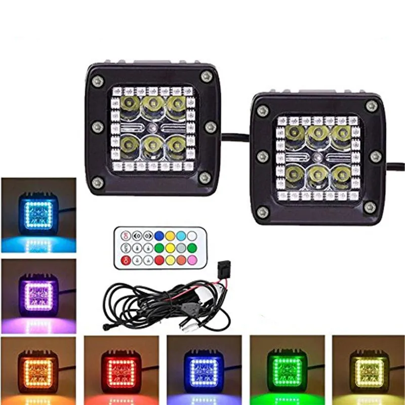 3" 18W Square LED Pods Light with RGB Halo for Jeep Off-Road Truck