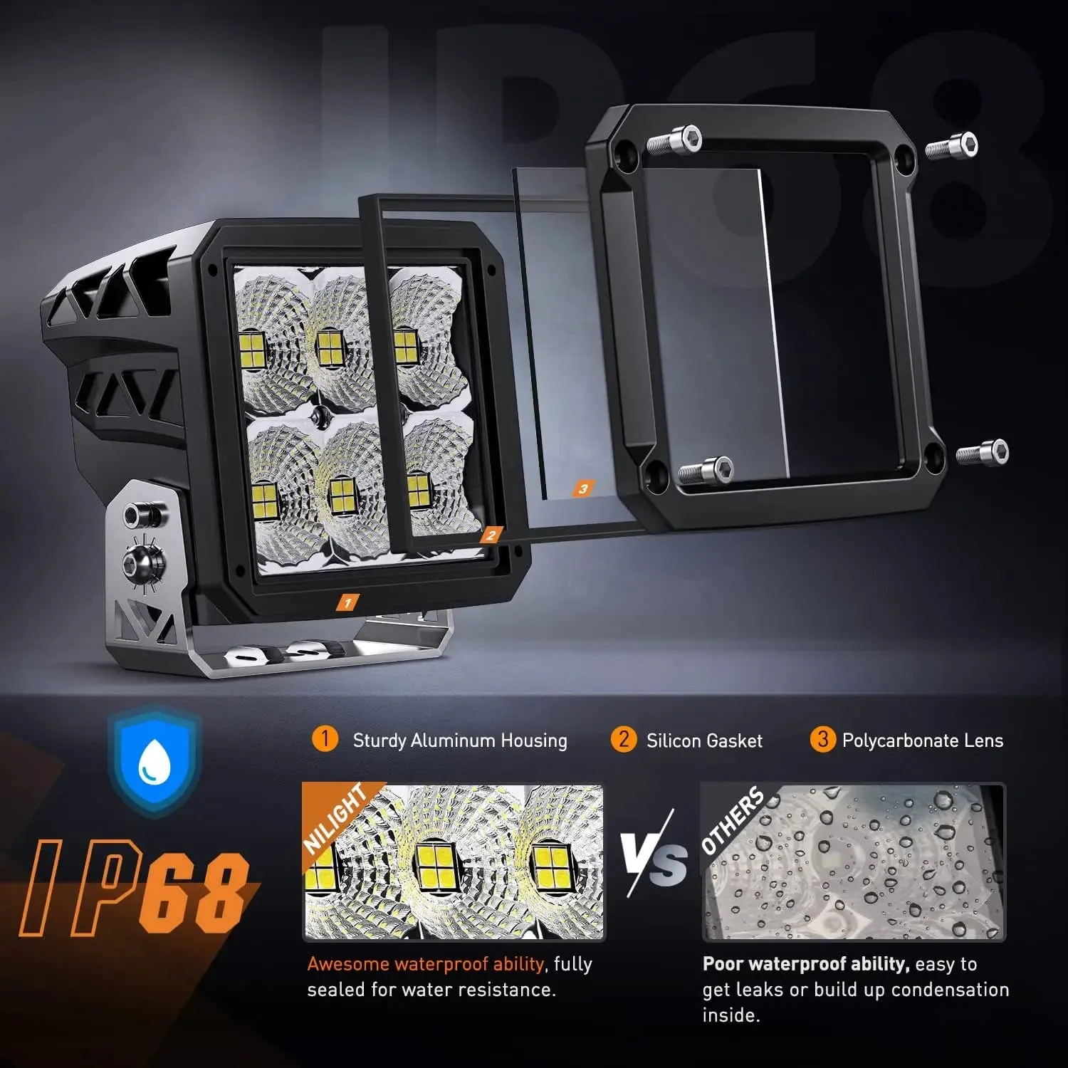 4 Inch 120W 13500LM Square Flood Built-in EMC LED Pods (Pair) | 14AWG DT Wire