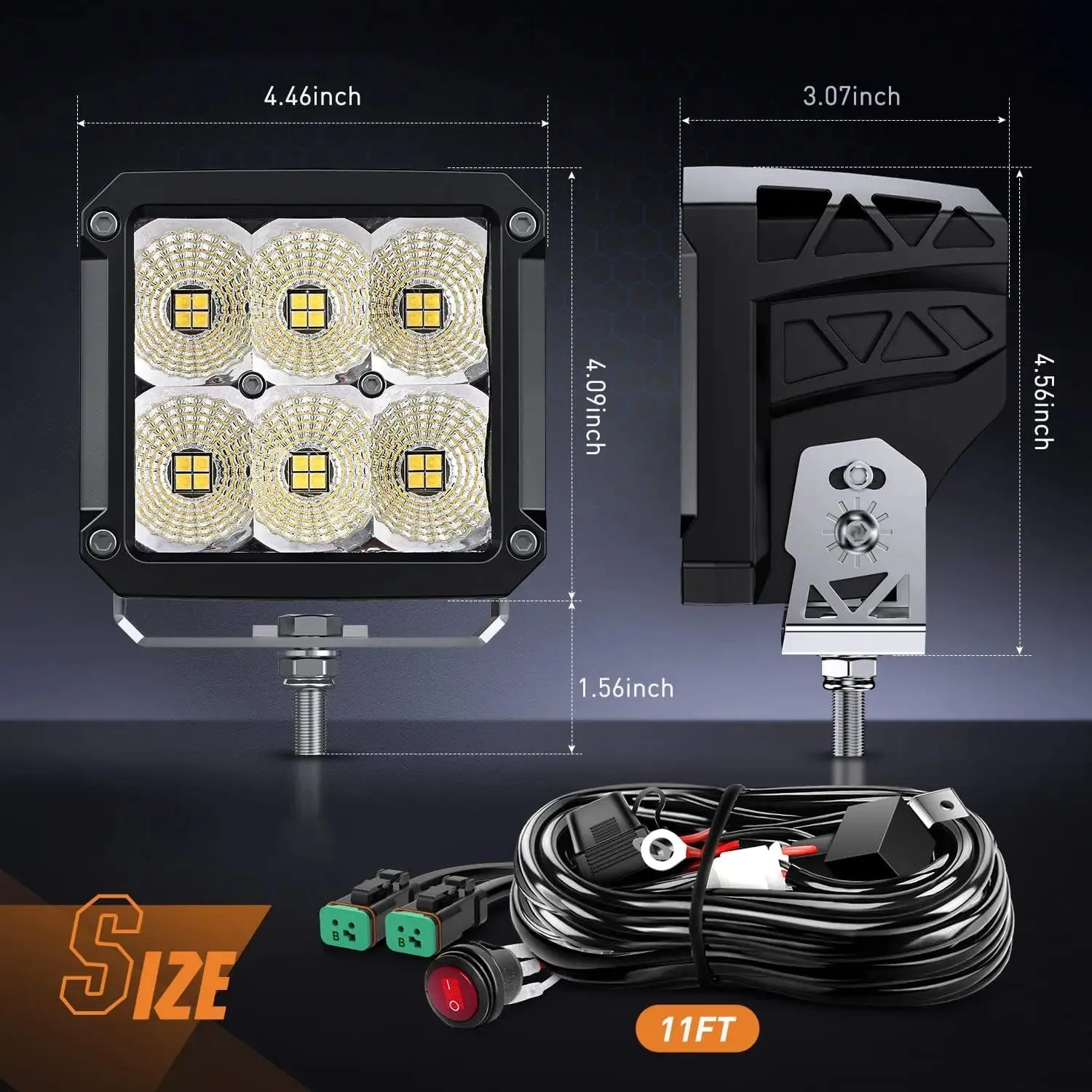 4 Inch 120W 13500LM Square Flood Built-in EMC LED Pods (Pair) | 14AWG DT Wire