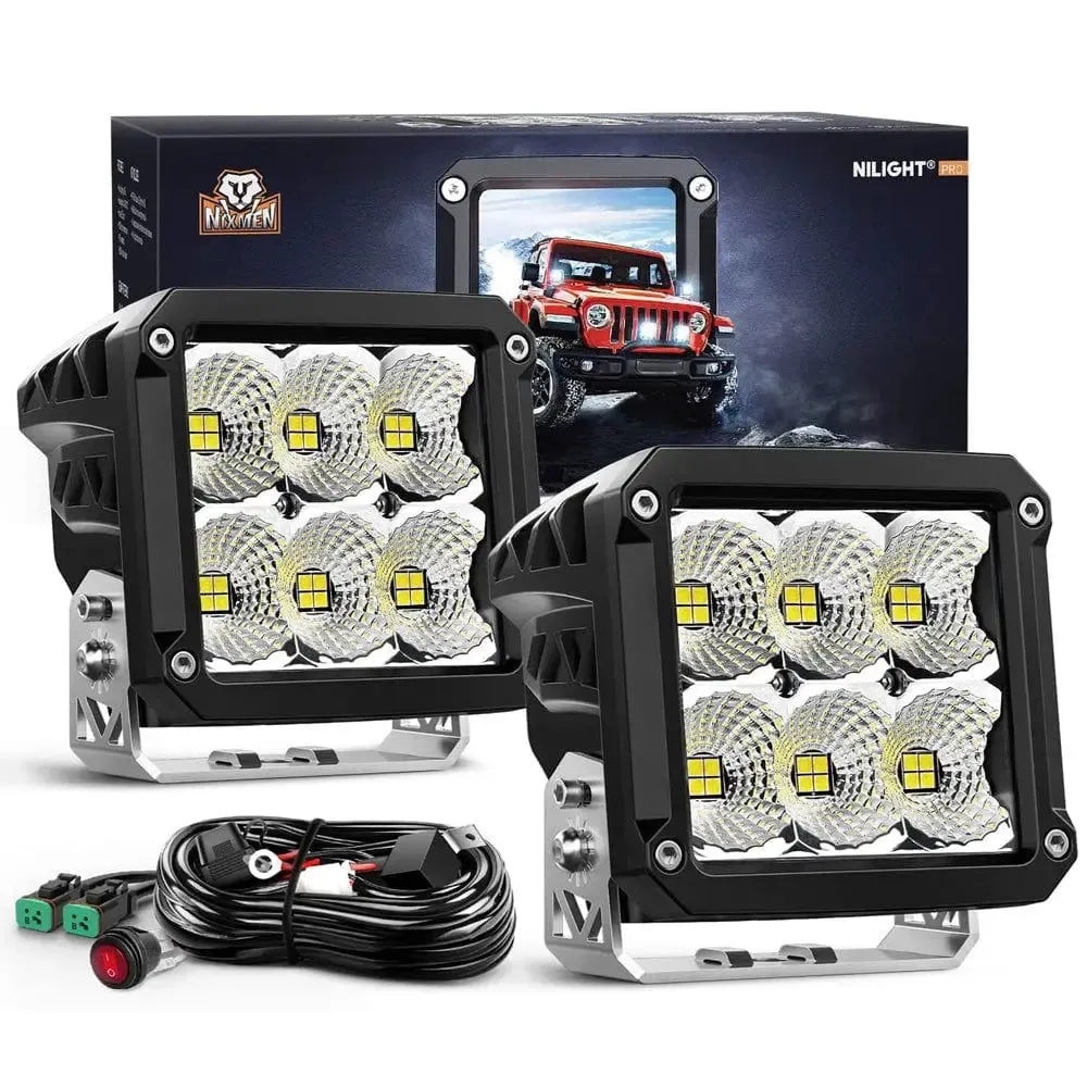 4 Inch 120W 13500LM Square Flood Built-in EMC LED Pods (Pair) | 14AWG DT Wire