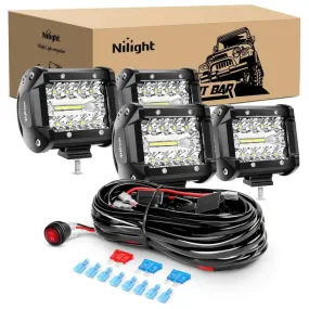 4 Inch 60W 6000LM Triple Row Spot Flood LED Pods (2 Pairs) | 16AWG Wire 3Pin Switch