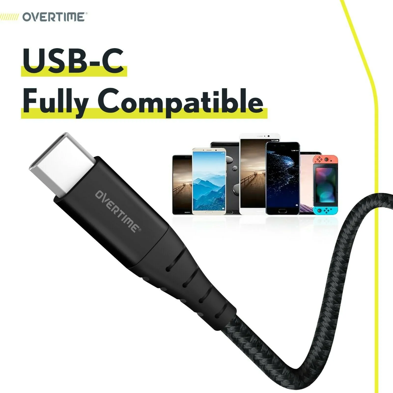 6 Ft. Overtime USB Type C Premium Braided Cable Fast Rapid Charging USB Cable Black