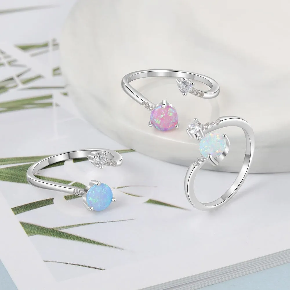 925 Sterling Silver Created Round Blue Opal Rings for Women Cubic Zirconia Adjustable Wrap Ring Wedding Jewelry (Lam Hub Fong)