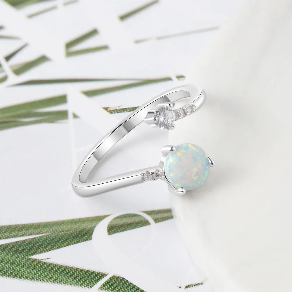 925 Sterling Silver Created Round Blue Opal Rings for Women Cubic Zirconia Adjustable Wrap Ring Wedding Jewelry (Lam Hub Fong)