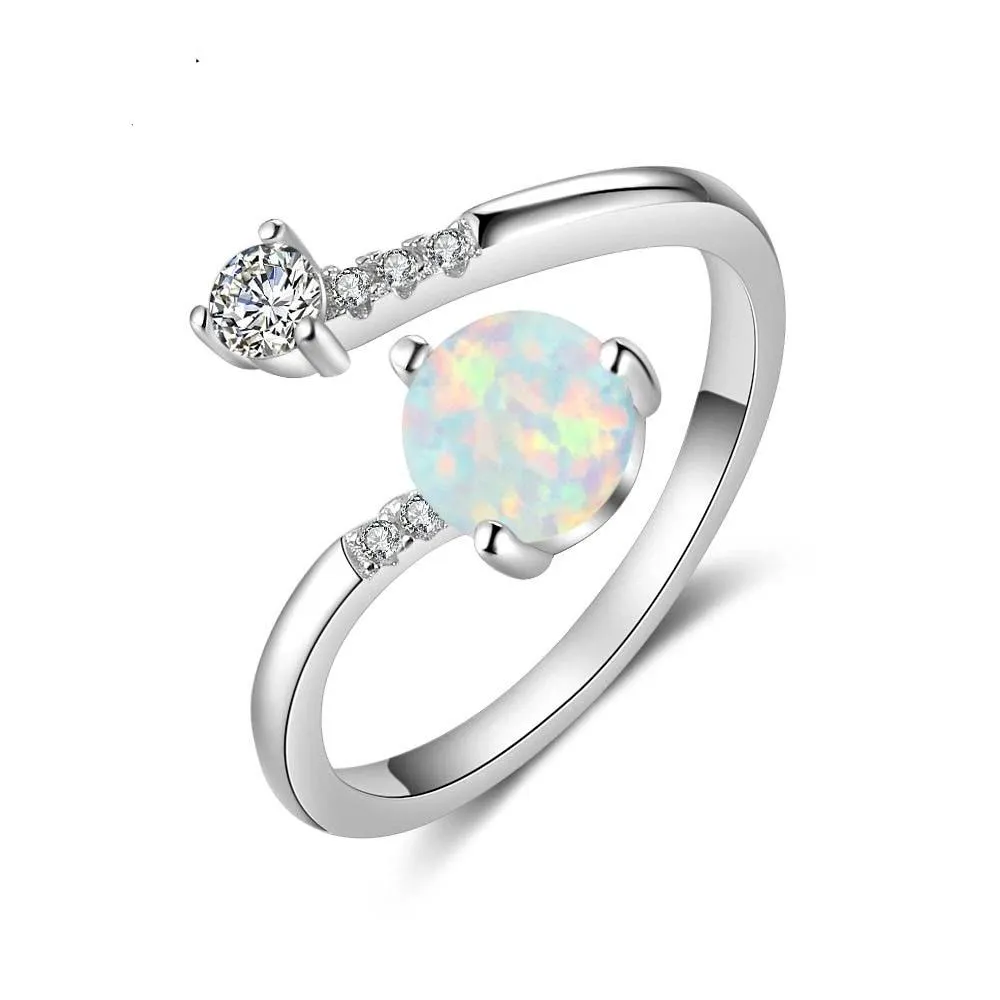 925 Sterling Silver Created Round Blue Opal Rings for Women Cubic Zirconia Adjustable Wrap Ring Wedding Jewelry (Lam Hub Fong)