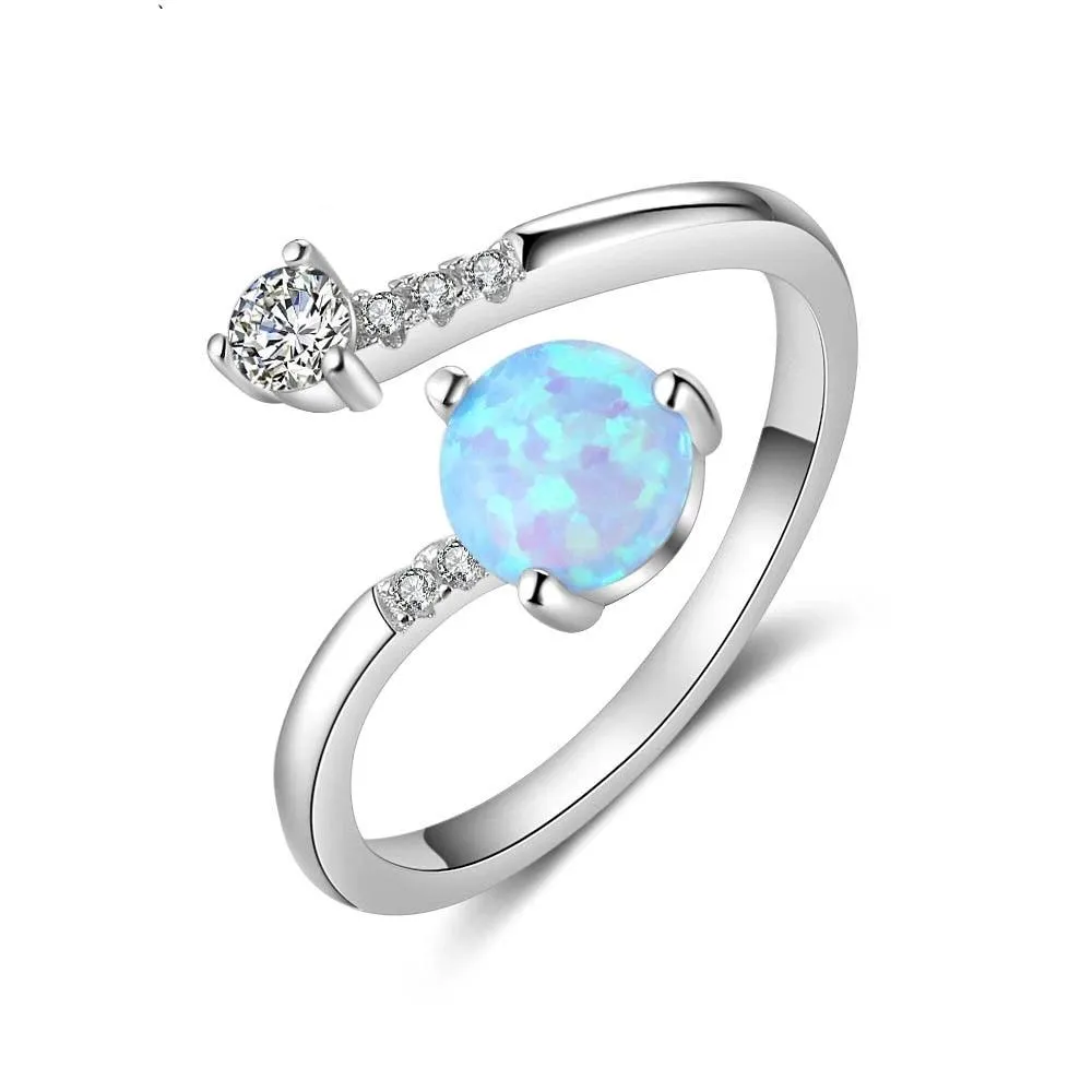 925 Sterling Silver Created Round Blue Opal Rings for Women Cubic Zirconia Adjustable Wrap Ring Wedding Jewelry (Lam Hub Fong)