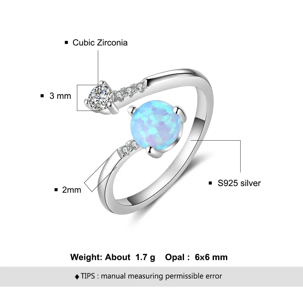925 Sterling Silver Created Round Blue Opal Rings for Women Cubic Zirconia Adjustable Wrap Ring Wedding Jewelry (Lam Hub Fong)
