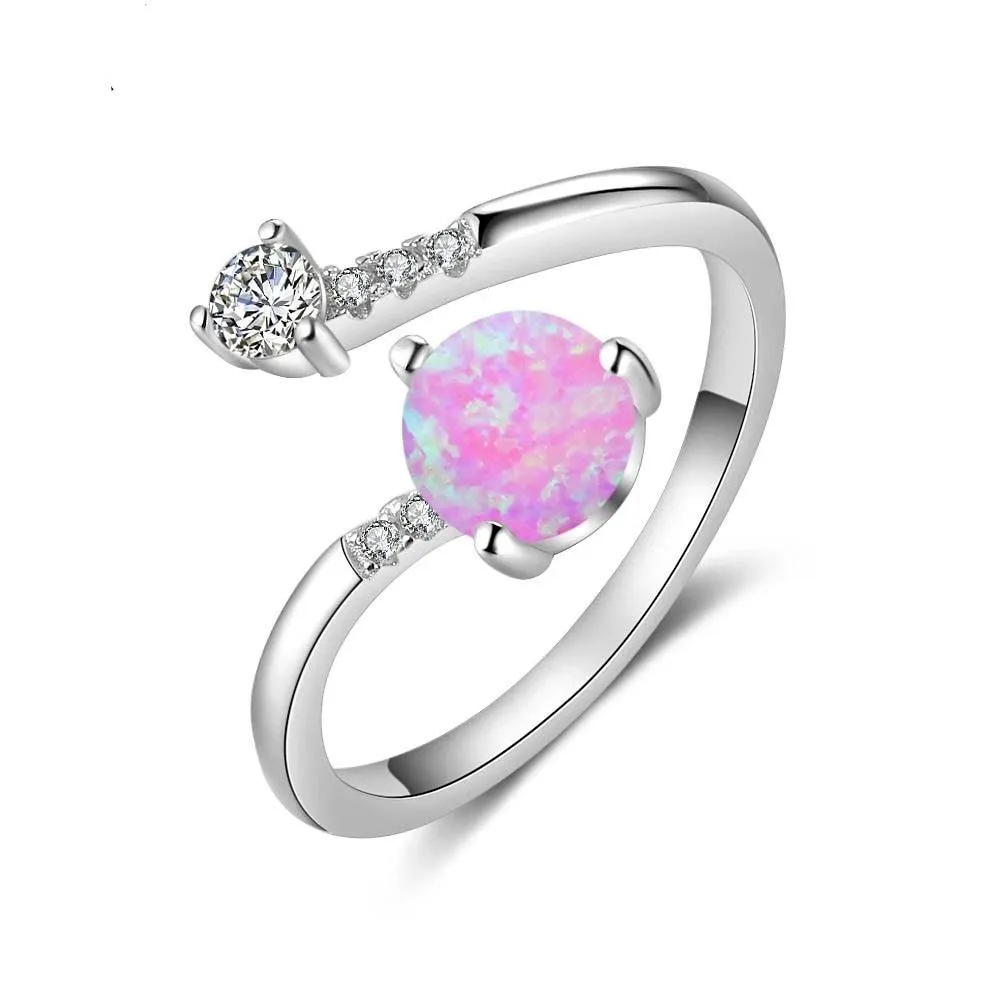 925 Sterling Silver Created Round Blue Opal Rings for Women Cubic Zirconia Adjustable Wrap Ring Wedding Jewelry (Lam Hub Fong)