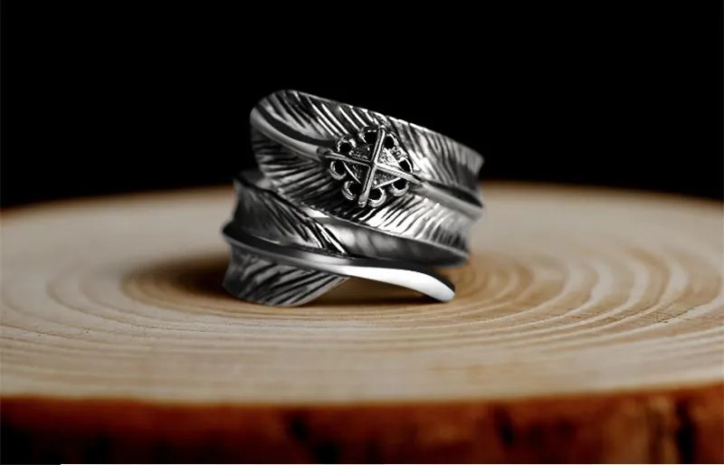925 Sterling Silver Men's Vintage Feather Cross Adjustable Punk Biker Ring