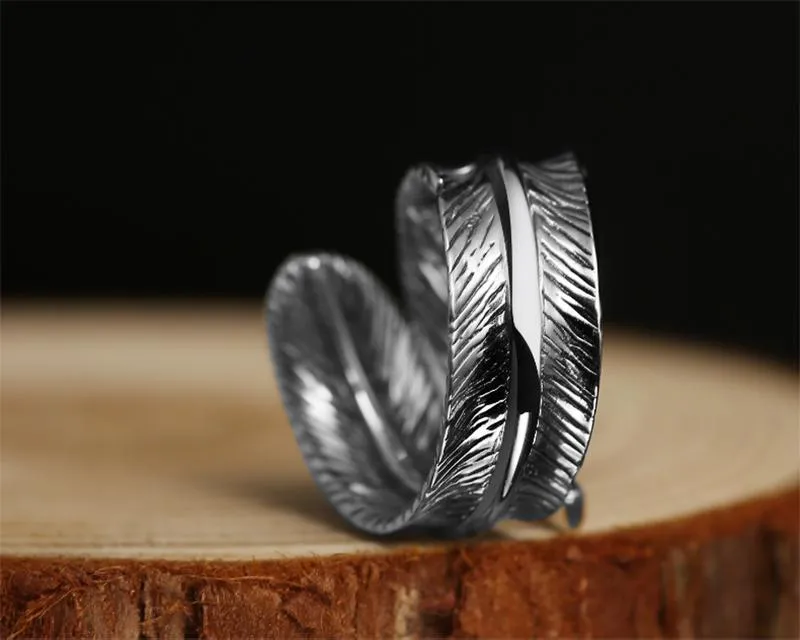 925 Sterling Silver Men's Vintage Feather Cross Adjustable Punk Biker Ring