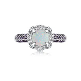 Aglow Opal Halo Round-Cut Ring in Sterling Silver