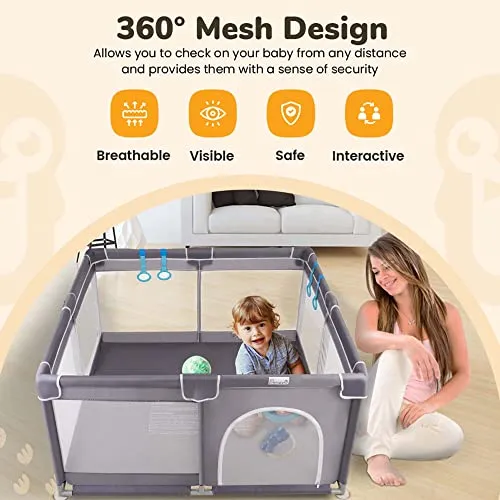 Baby Playpen for Babies and Toddlers with Mat, 50x50 inch Large Baby Playard No Gaps for Indoor & Outdoor, Playpen with Bag, with Playmat, Anti-Slip Base, Li'l Pengyu