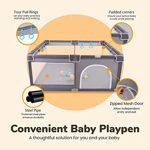 Baby Playpen for Babies and Toddlers with Mat, 50x50 inch Large Baby Playard No Gaps for Indoor & Outdoor, Playpen with Bag, with Playmat, Anti-Slip Base, Li'l Pengyu