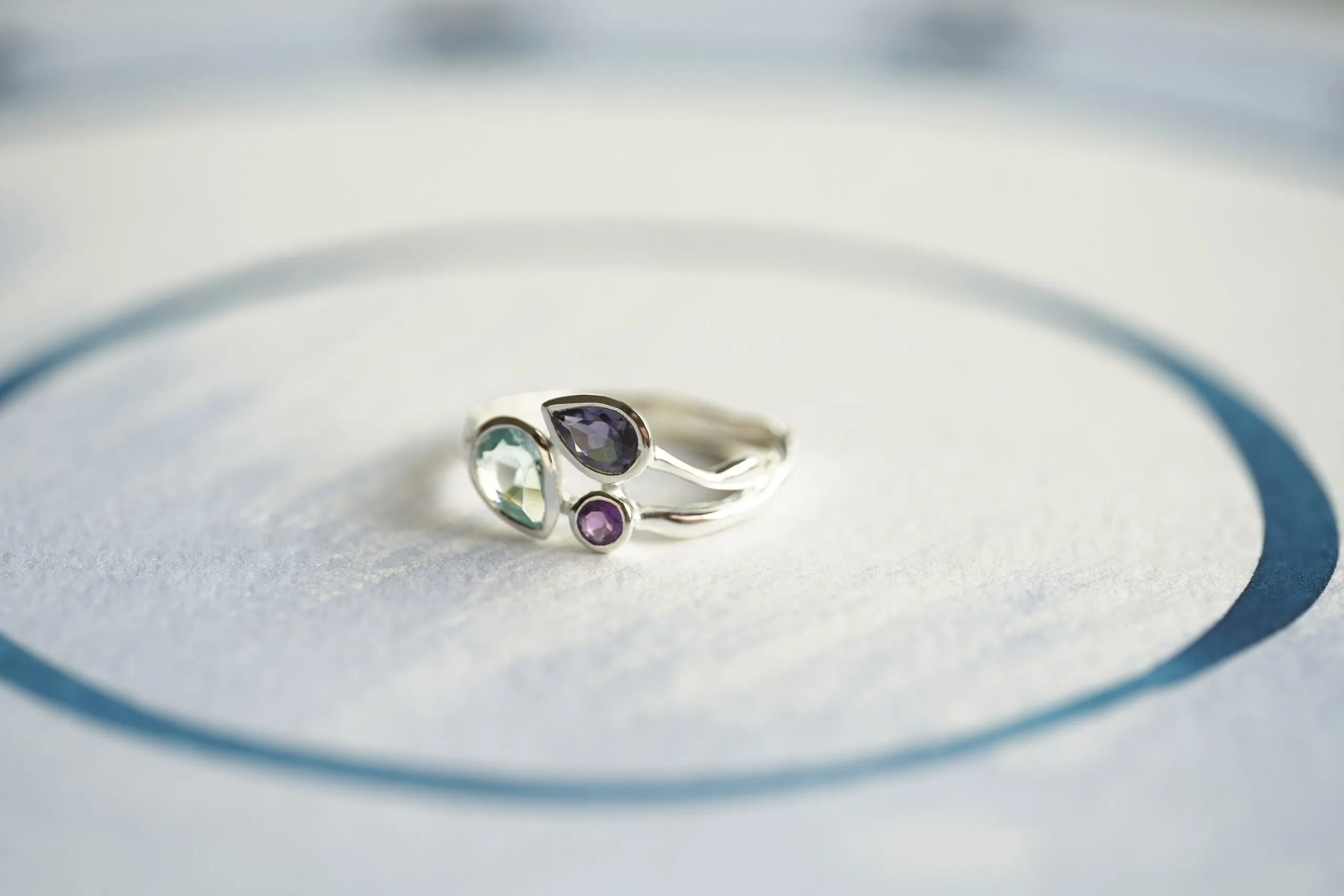 Banyan Blue Topaz, Iolite and Amethyst Silver Ring