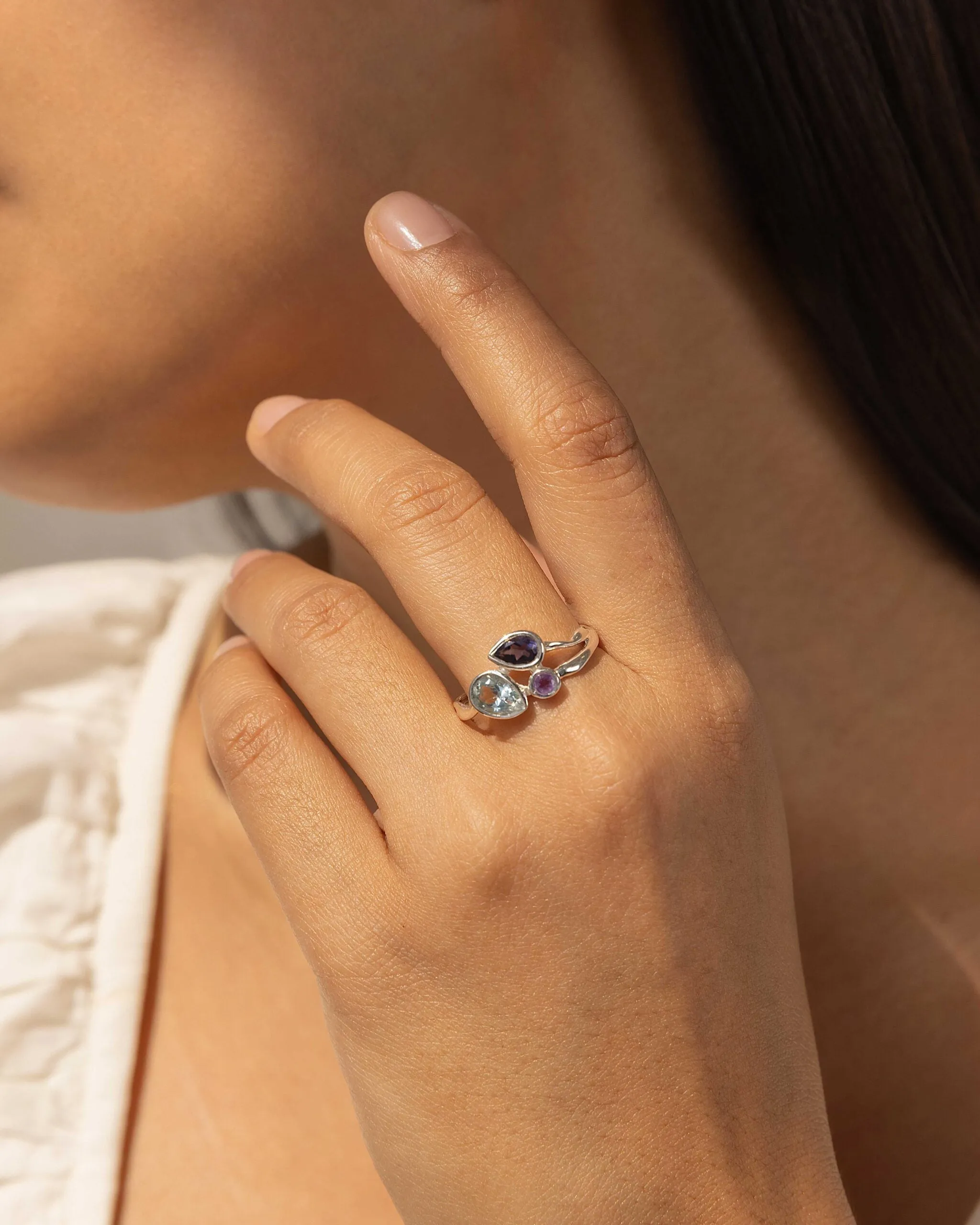 Banyan Blue Topaz, Iolite and Amethyst Silver Ring