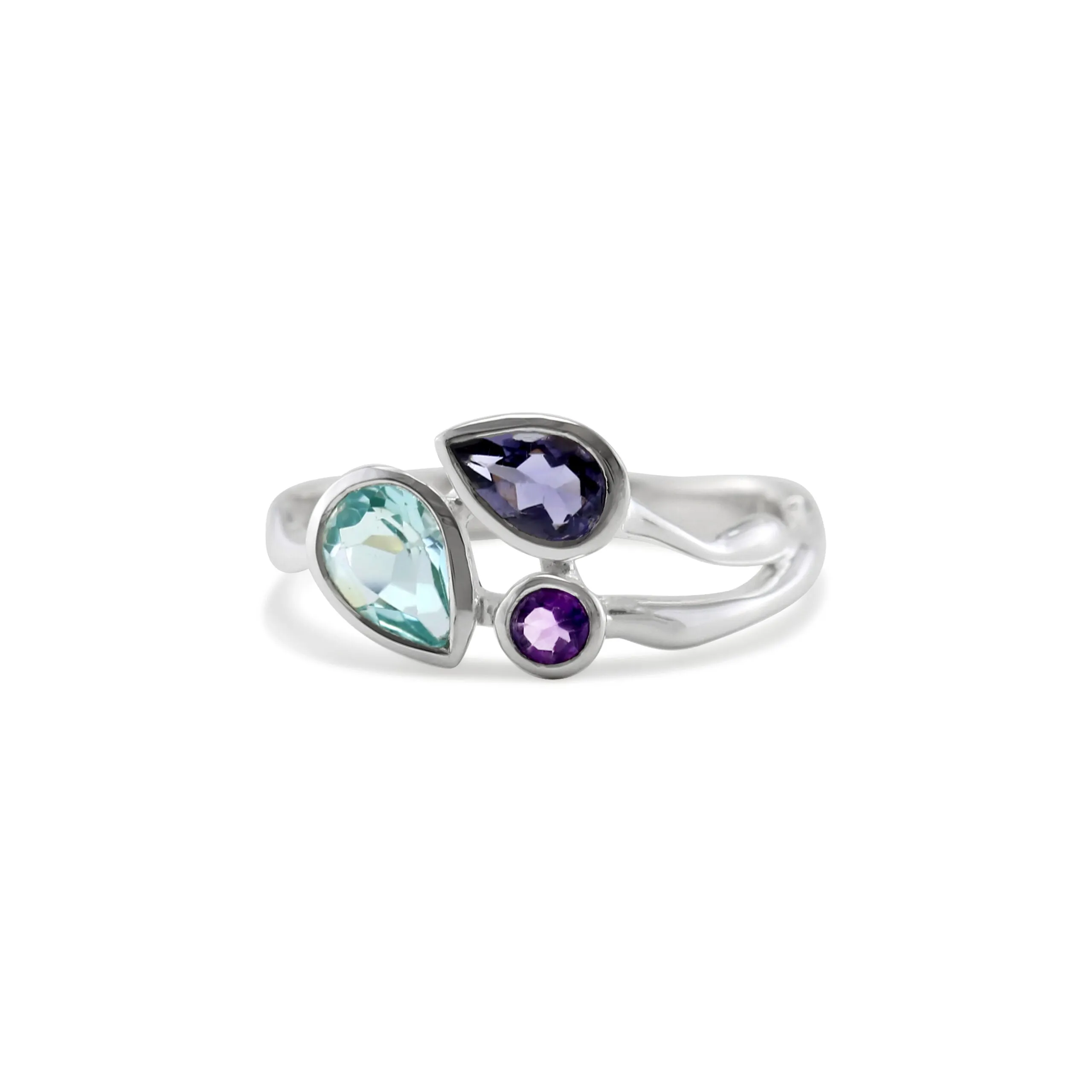 Banyan Blue Topaz, Iolite and Amethyst Silver Ring
