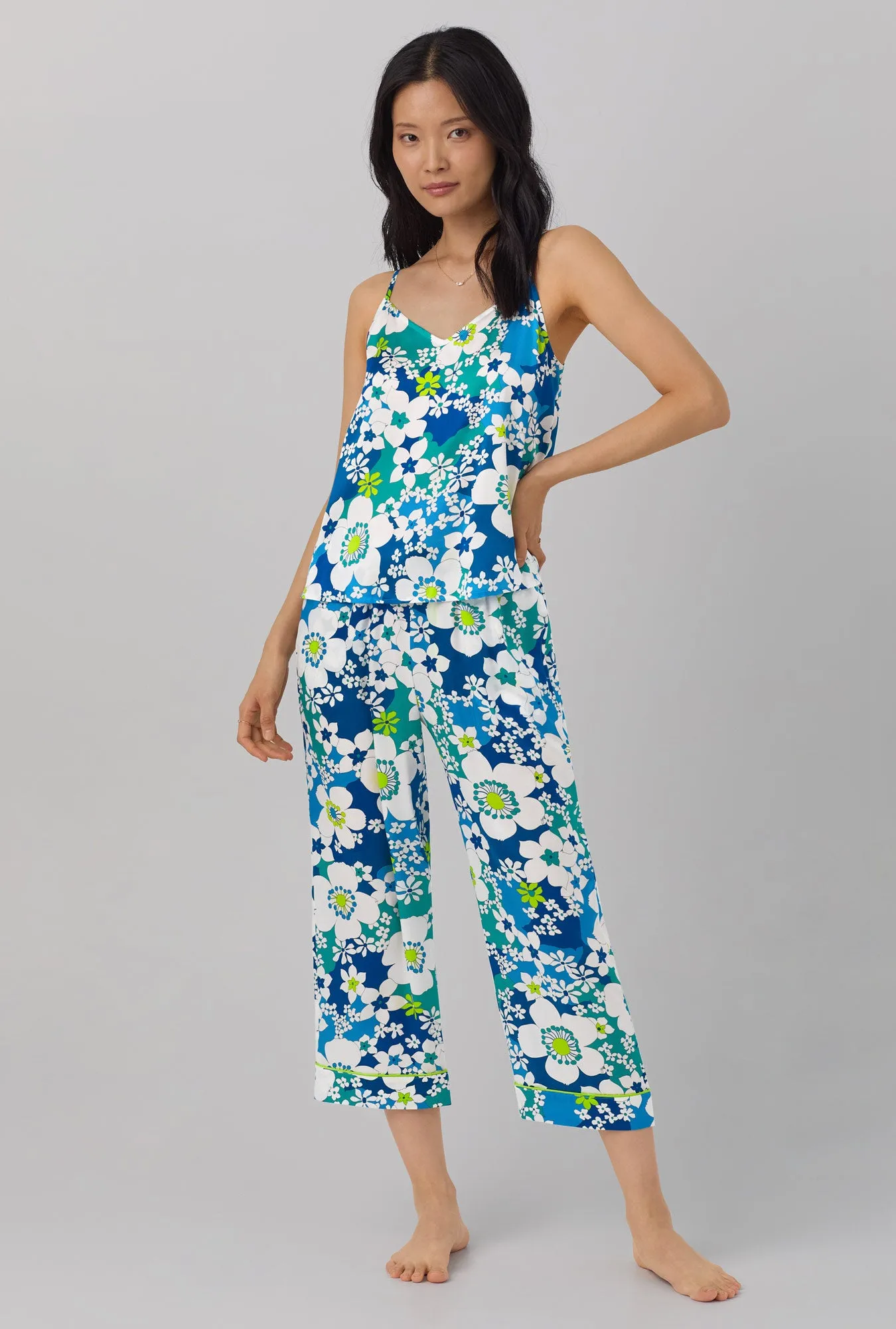 BedHead x Trina Turk Bali Blue Floral Women's Cami Washable Silk Satin Cropped PJ Set