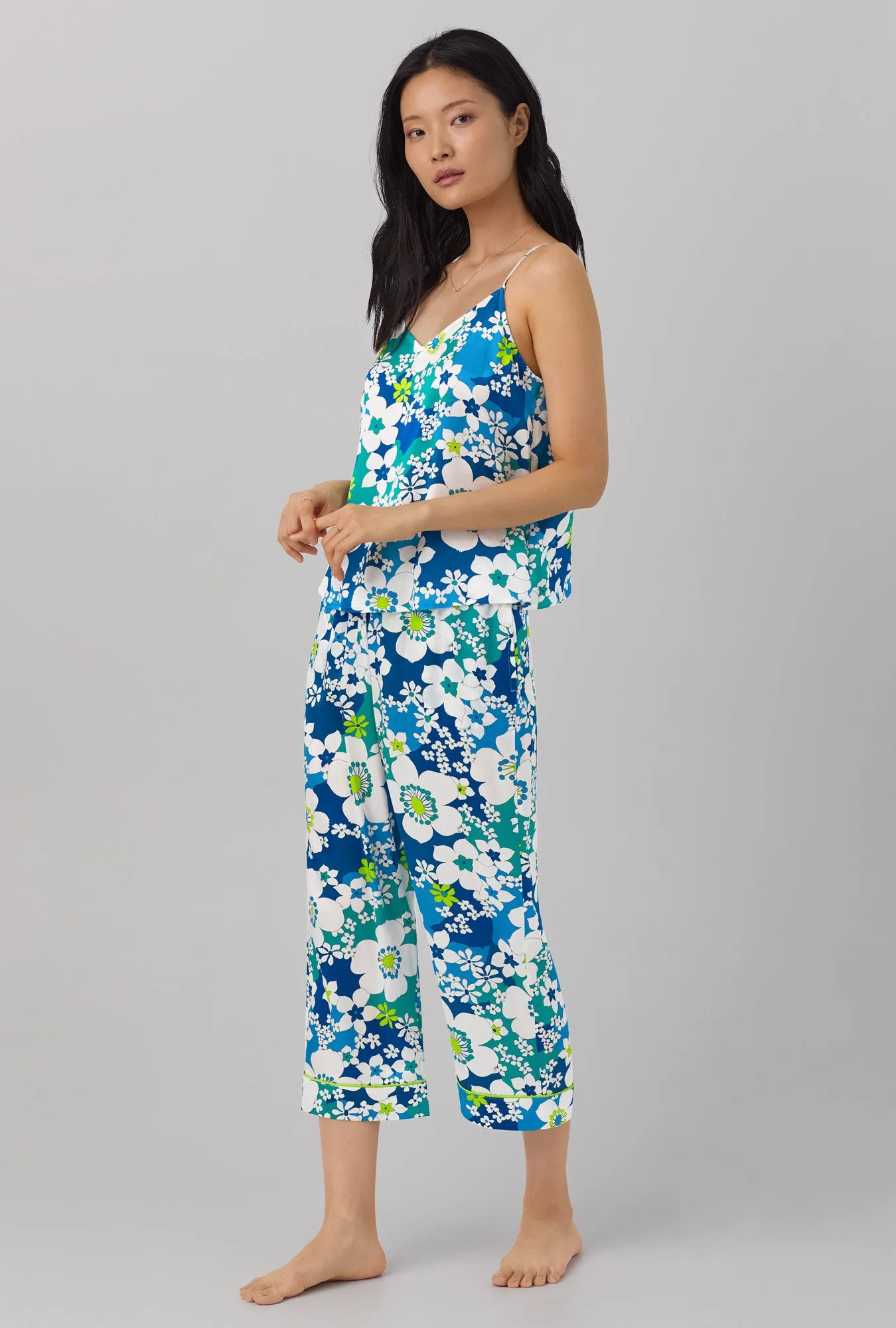 BedHead x Trina Turk Bali Blue Floral Women's Cami Washable Silk Satin Cropped PJ Set