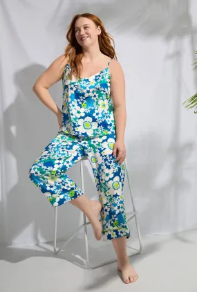 BedHead x Trina Turk Bali Blue Floral Women's Cami Washable Silk Satin Cropped PJ Set