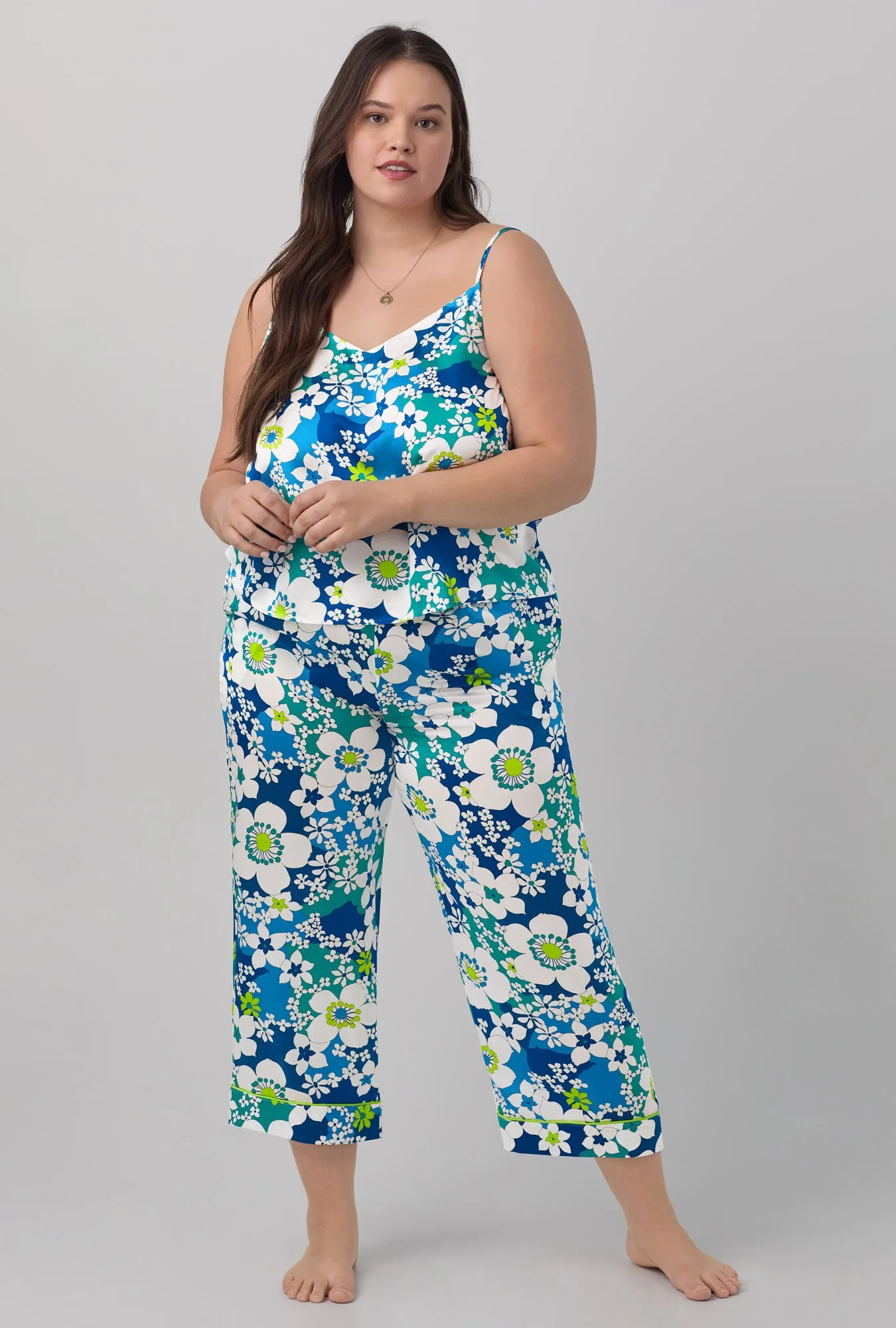 BedHead x Trina Turk Bali Blue Floral Women's Cami Washable Silk Satin Cropped PJ Set