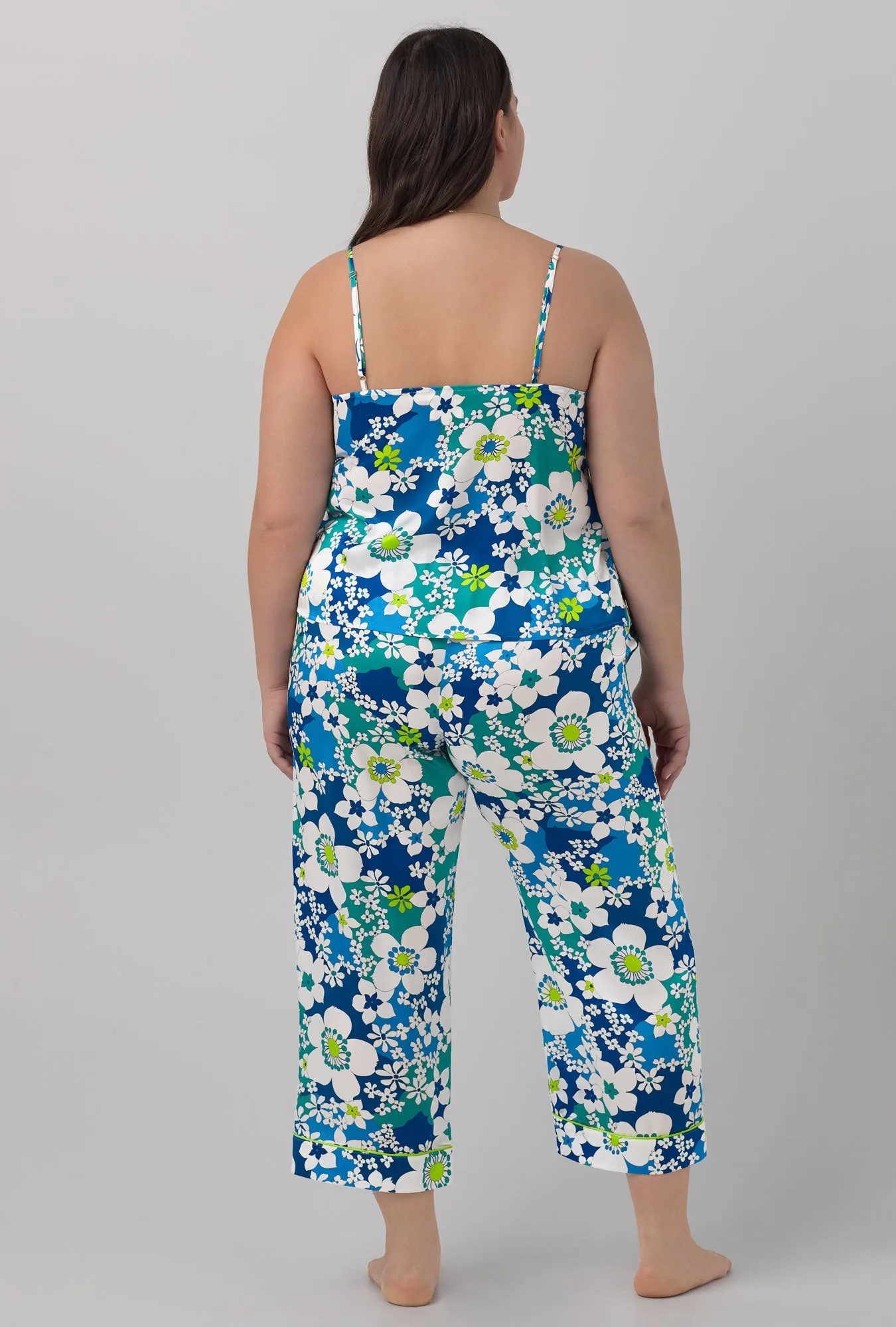 BedHead x Trina Turk Bali Blue Floral Women's Cami Washable Silk Satin Cropped PJ Set