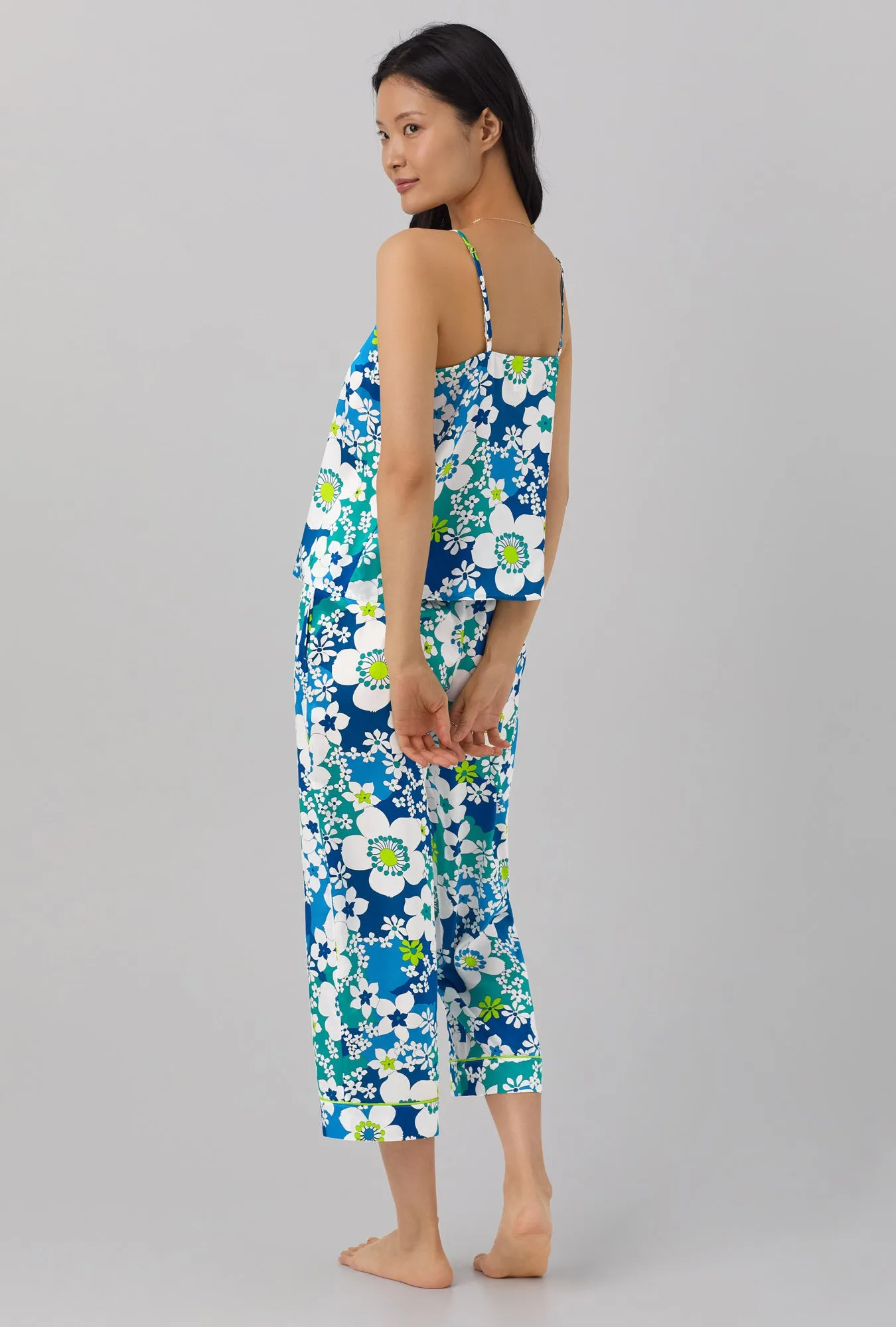 BedHead x Trina Turk Bali Blue Floral Women's Cami Washable Silk Satin Cropped PJ Set