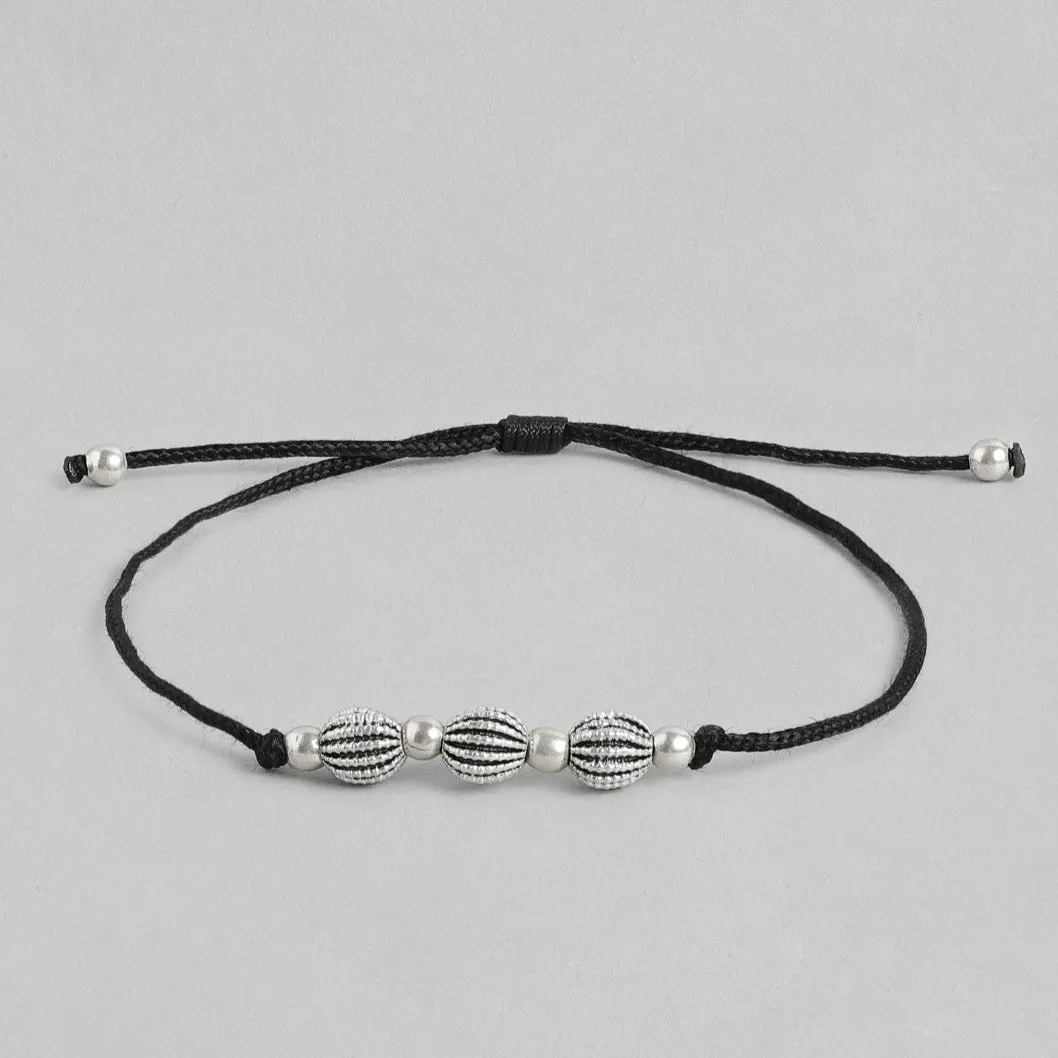 Black Thread Beads Rhodium Plated 925 Sterling Silver Anklet