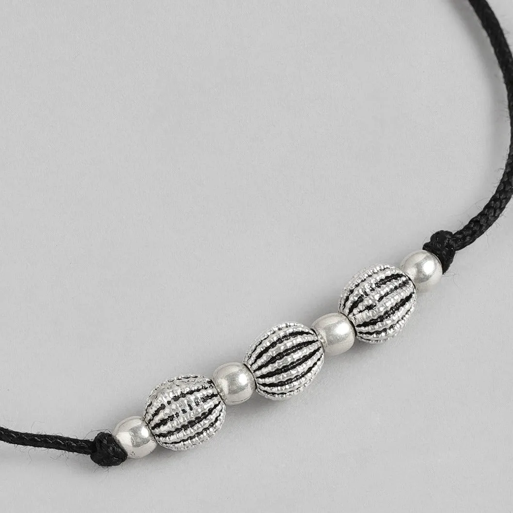 Black Thread Beads Rhodium Plated 925 Sterling Silver Anklet