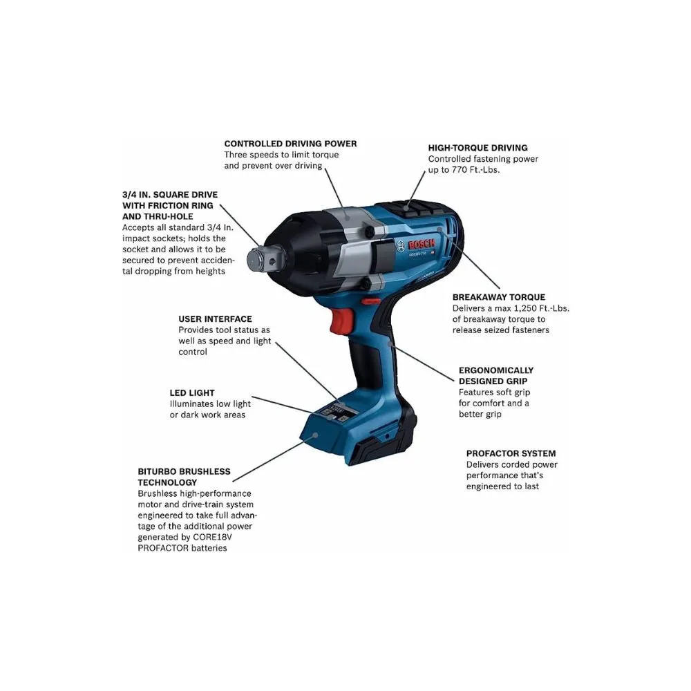 Bosch GDS18V-770N 18V BITURBO Brushless 3/4" Impact Wrench w/ Friction Ring & Thru Hole (Bare Tool)