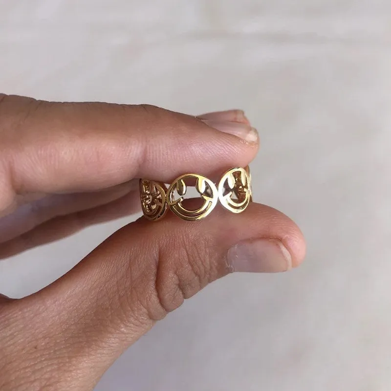 Couple Smiley Face Rings For Women Stainless Steel Happy Face Ring Gold Color Adjustable Open Smile Best Friend Gift Jewelry