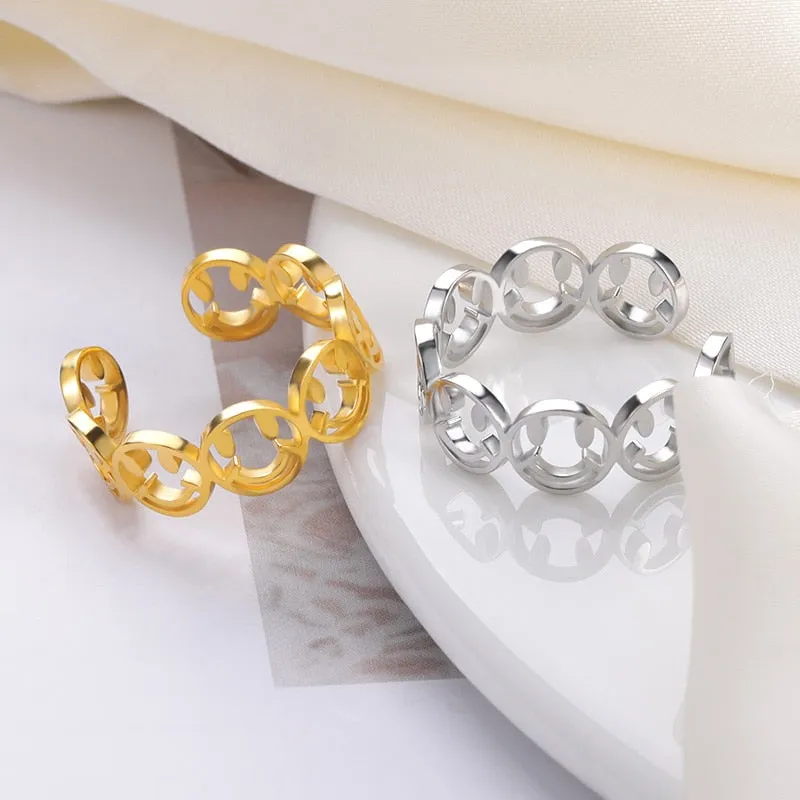 Couple Smiley Face Rings For Women Stainless Steel Happy Face Ring Gold Color Adjustable Open Smile Best Friend Gift Jewelry