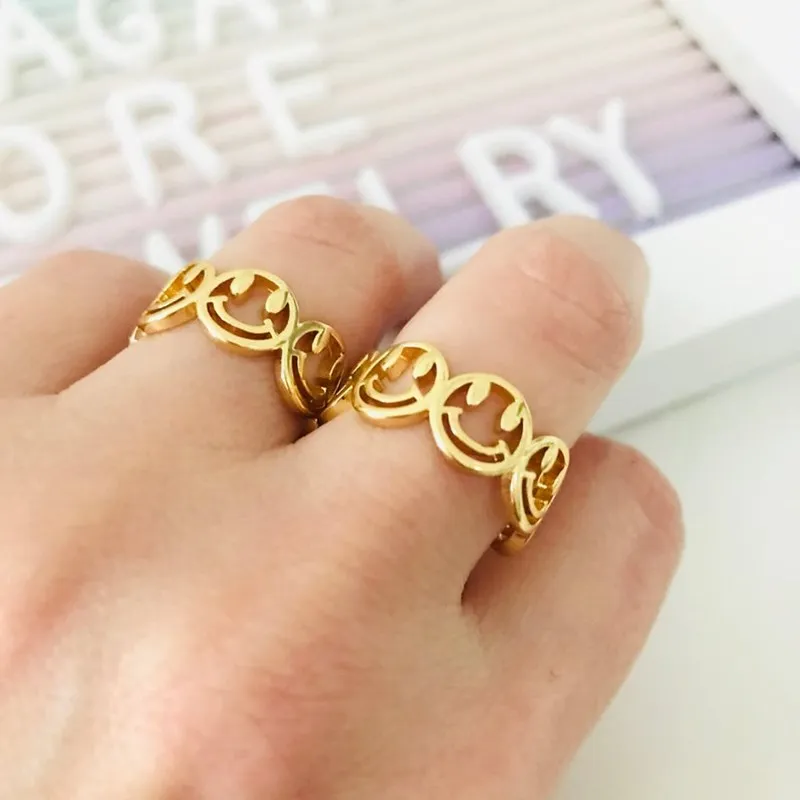 Couple Smiley Face Rings For Women Stainless Steel Happy Face Ring Gold Color Adjustable Open Smile Best Friend Gift Jewelry