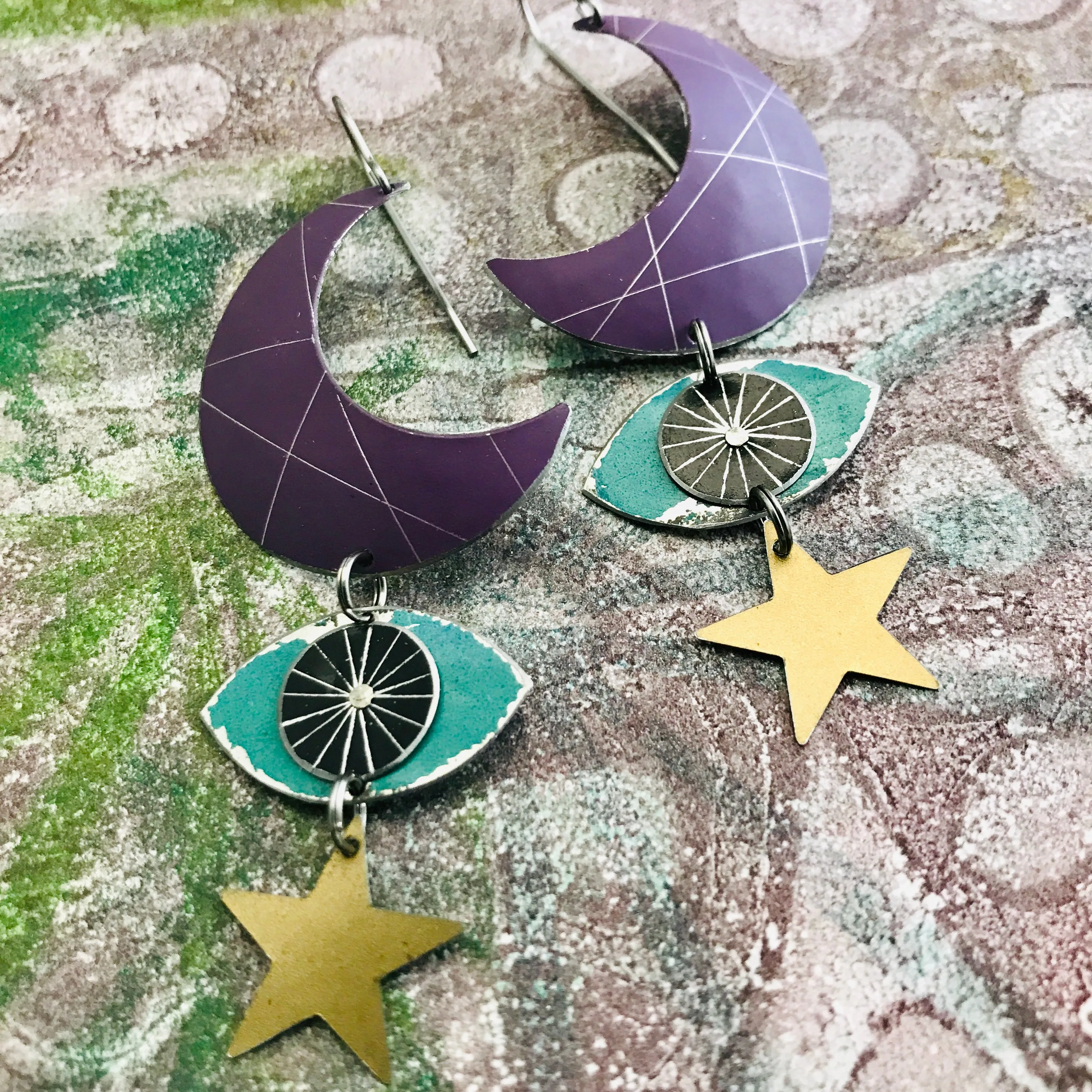 Crescent Moon Protective Eye Talisman Tin Earrings