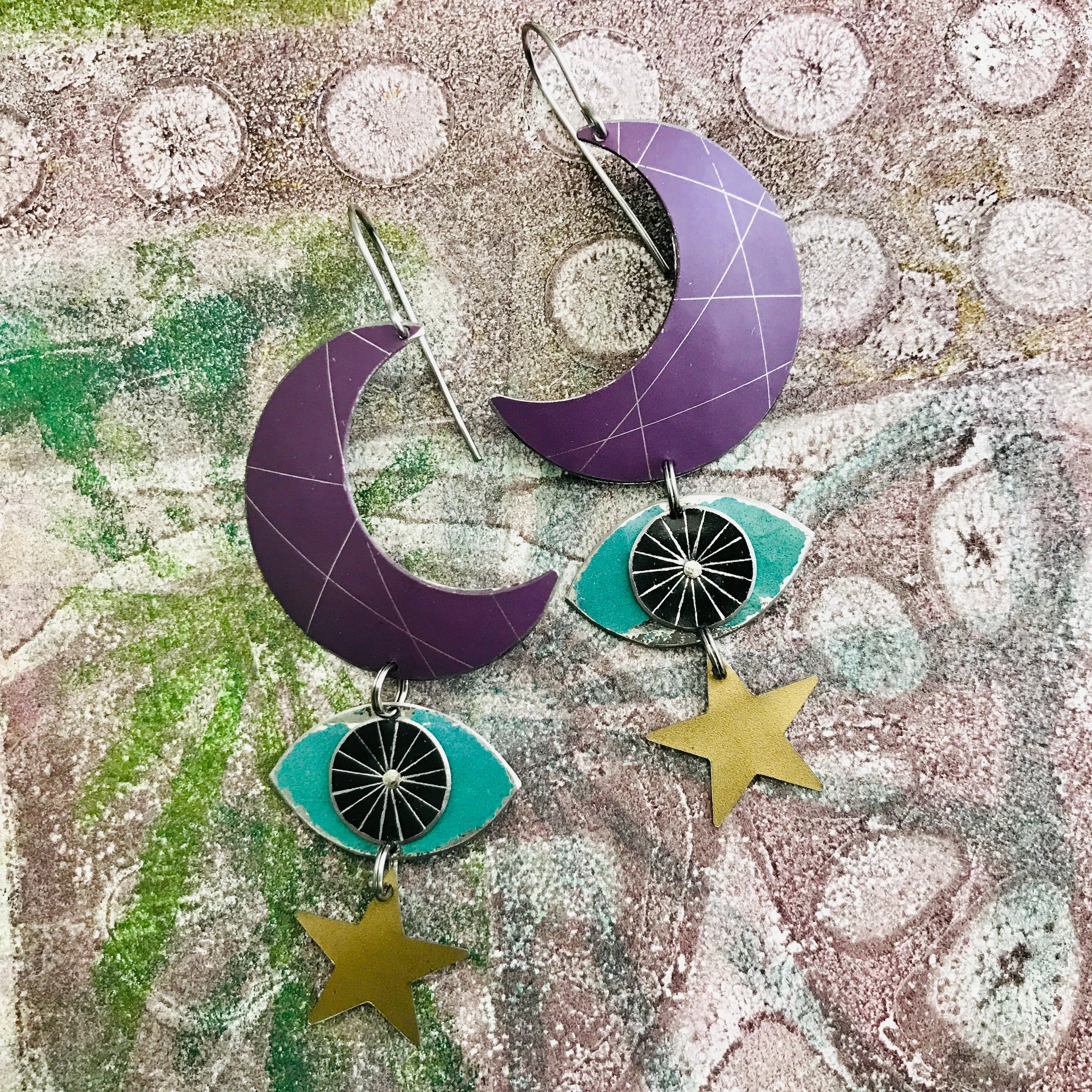 Crescent Protective Eye Talisman Tin Earrings