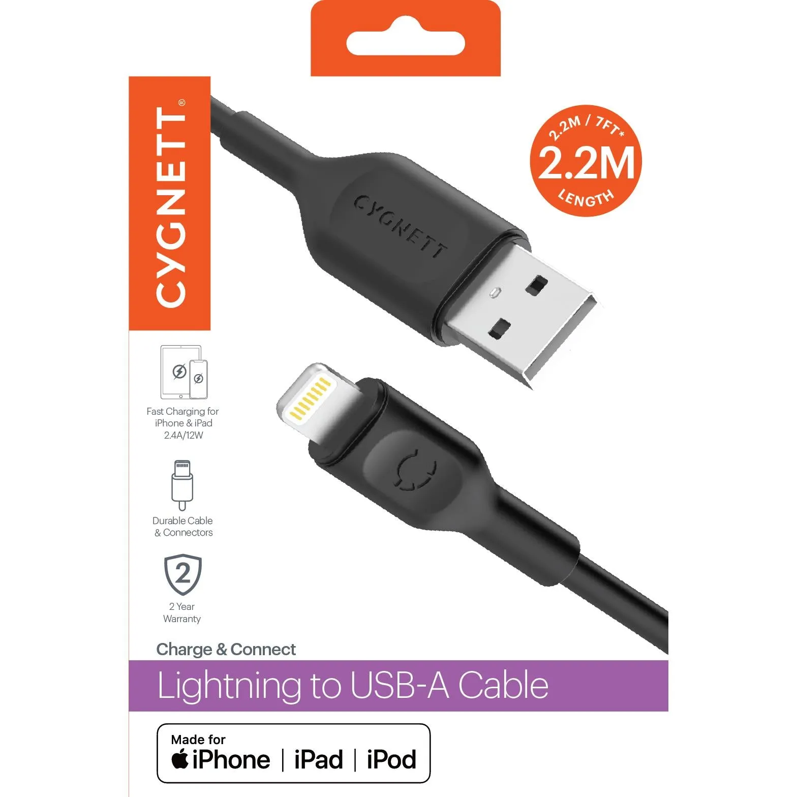 Cygnett Charge & Connect Lightning to USB-A Cable 2.2m (Black)