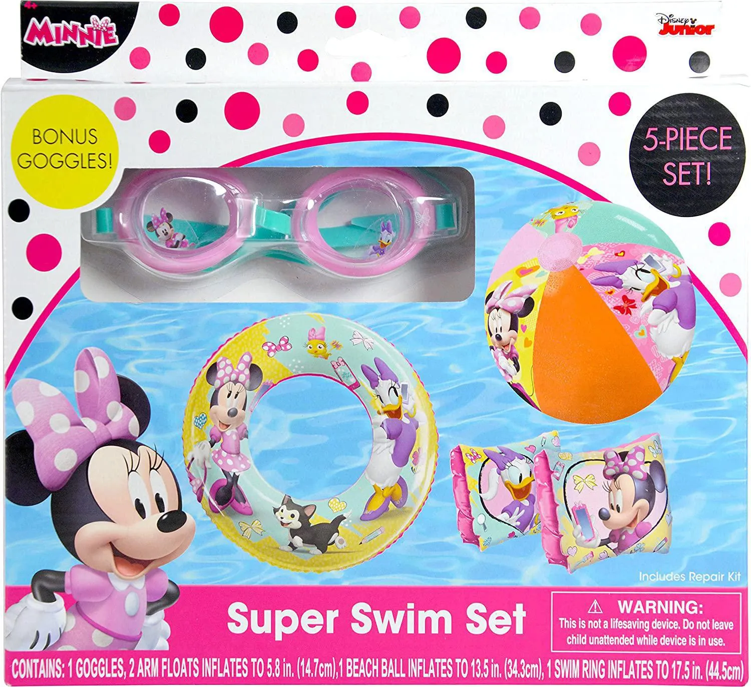 Disney Jr. Minnie - 5 Piece Swim Set, Included: Goggles, Swim Ring, Beach Ball & Arm Floats