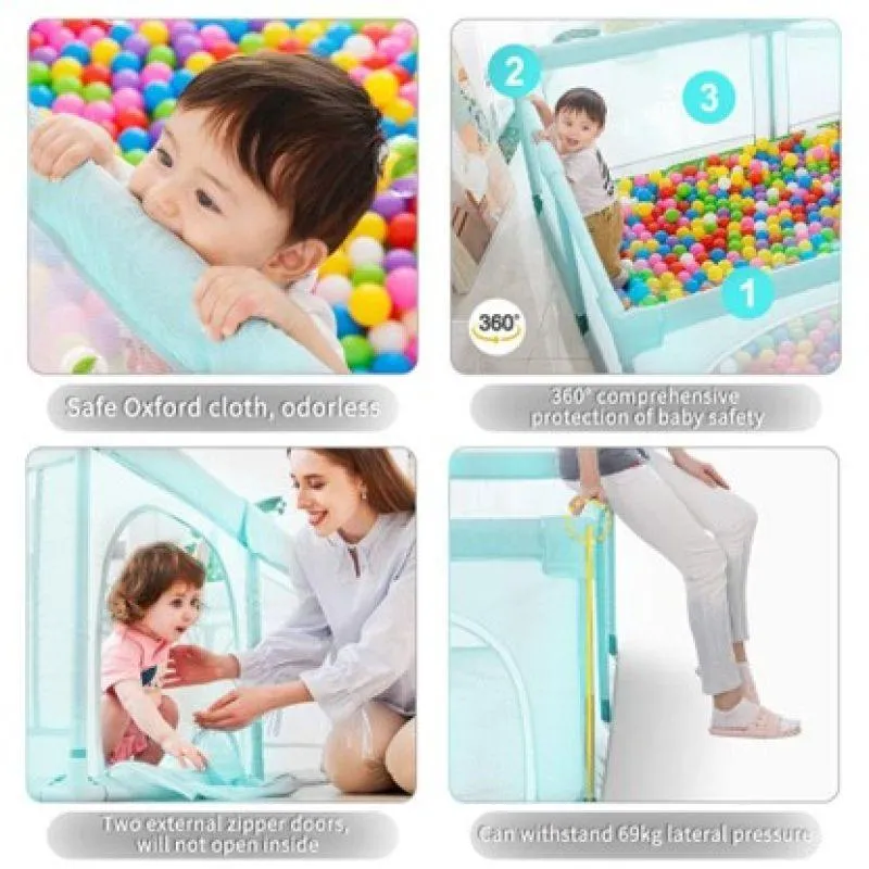 Dreeba Playpen for Kids Made of Durable Plastic with Soft, Padded Inner Lining and Safe Fence Includes 20 Colorful Plastic Balls, 2 Pull Rings and a Basketball Frame for Various Activities , 160x120x65 cm , JN-182-a