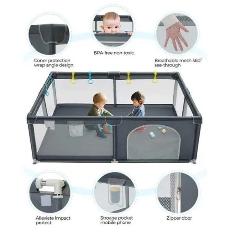 Dreeba Playpen for Kids Made of Durable Plastic with Soft, Padded Inner Lining and Safe Fence Includes 20 Colorful Plastic Balls, 2 Pull Rings and a Basketball Frame for Various Activities , 160x120x65 cm , JN-182-a