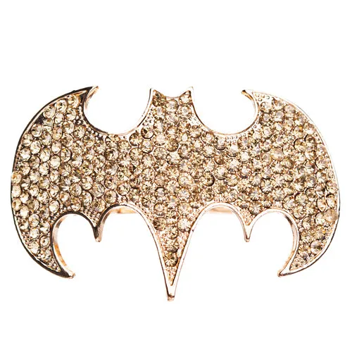 Fun Bat Crystal Rhinestone Two Finger Stretch Adjustable Ring Gold Brown