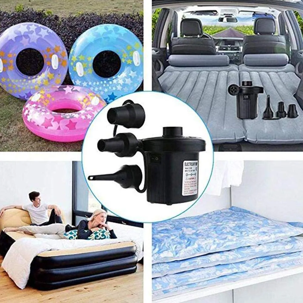 Hamkaw Portable Air Mattress Pump, Hamkaw Quick-Fill Electric Air Pump With 3 Nozzles, Convenient Inflator Deflator For Inflatables, Air Mattress,Raft Boat,Pool, Black
