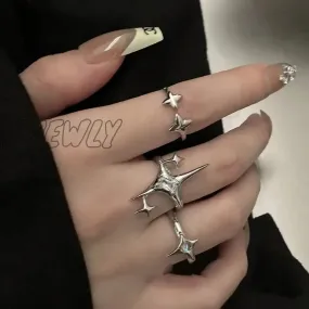 Hnewly Vintage Irregular Cross Star Couple Ring for Women Men Punk Gothic Sliver Color Adjustable Rings Y2K Egirl Jewelry Gift
