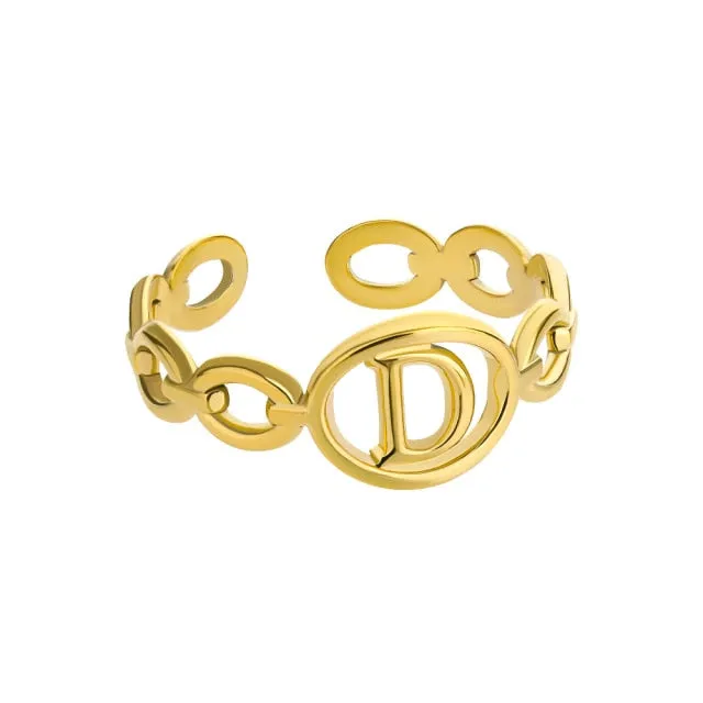 Hollow Initial Letter Rings For Women Stainless Steel Gold Cuban Link Adjustable Couple Female Ring Valentine Boho Jewelry Gift|Rings|