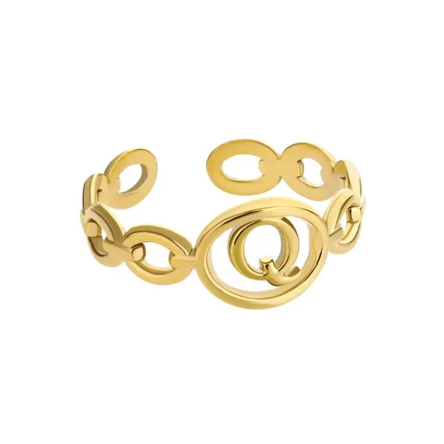 Hollow Initial Letter Rings For Women Stainless Steel Gold Cuban Link Adjustable Couple Female Ring Valentine Boho Jewelry Gift|Rings|