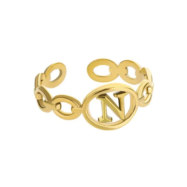 Hollow Initial Letter Rings For Women Stainless Steel Gold Cuban Link Adjustable Couple Female Ring Valentine Boho Jewelry Gift|Rings|
