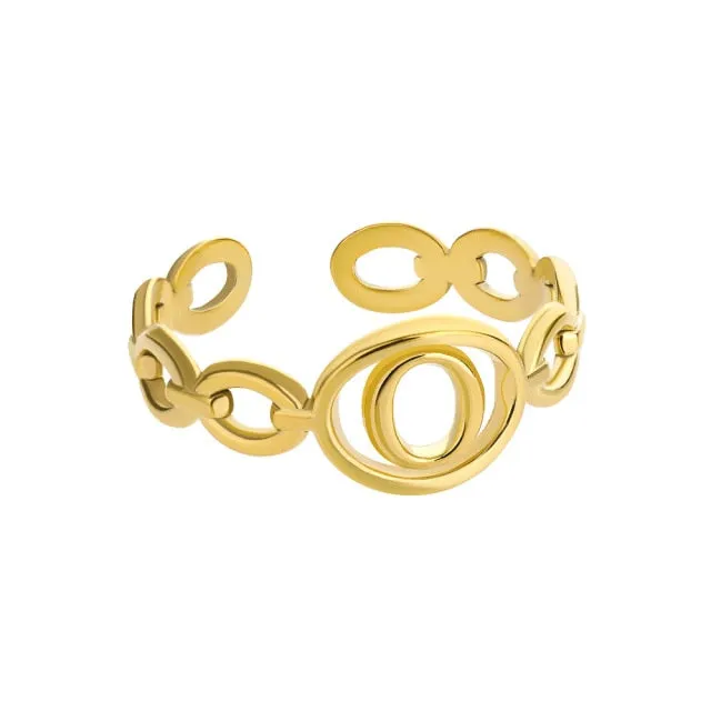 Hollow Initial Letter Rings For Women Stainless Steel Gold Cuban Link Adjustable Couple Female Ring Valentine Boho Jewelry Gift|Rings|
