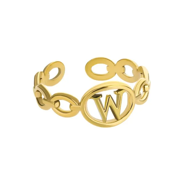 Hollow Initial Letter Rings For Women Stainless Steel Gold Cuban Link Adjustable Couple Female Ring Valentine Boho Jewelry Gift|Rings|